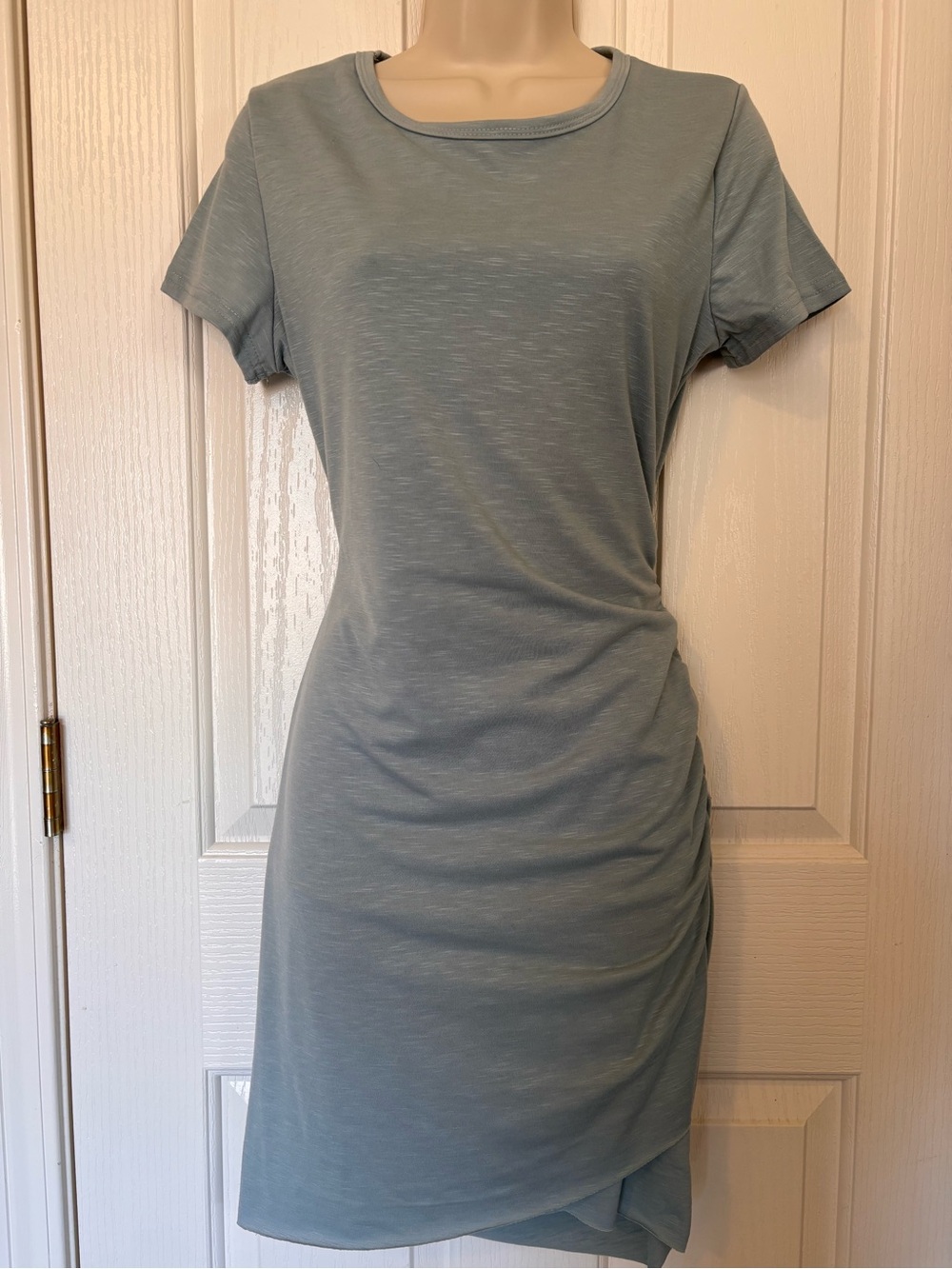 Everyday Short Sleeve Ruched T-Shirt Dress in Dusty sage green